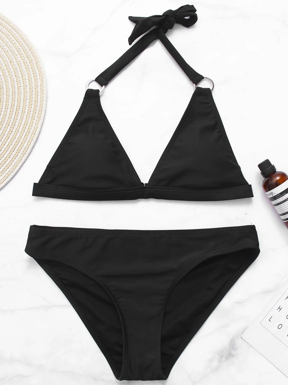 Wholesale Black Halter V-Neck Sleeveless Plain Bikinis