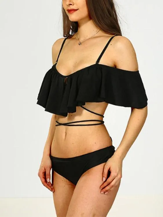 Wholesale Black Off The Shoulder Short Sleeve Plain Crossed Front Backless 2 Piece Bikinis