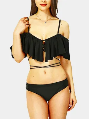 Wholesale Black Off The Shoulder Short Sleeve Plain Crossed Front Backless 2 Piece Bikinis