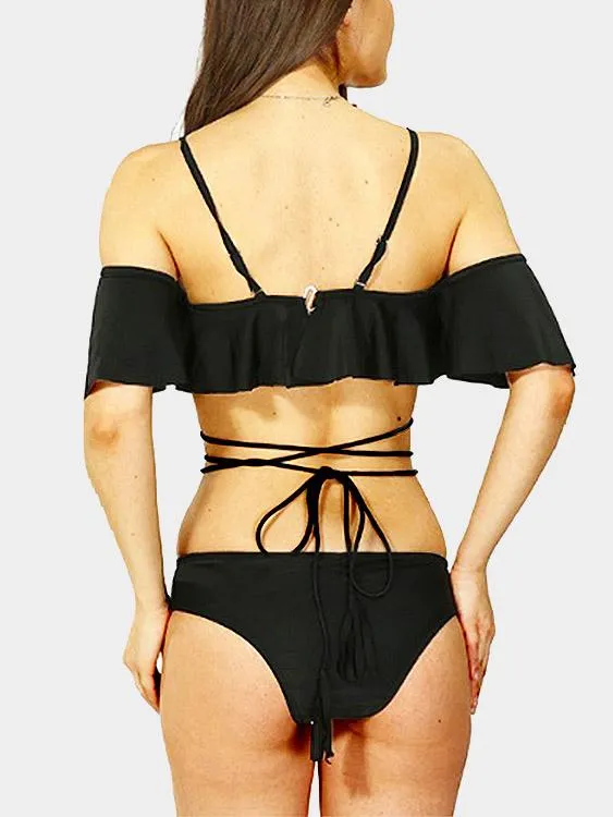 Wholesale Black Off The Shoulder Short Sleeve Plain Crossed Front Backless 2 Piece Bikinis