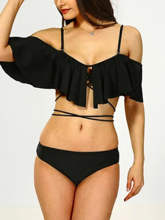 Wholesale Black Off The Shoulder Short Sleeve Plain Crossed Front Backless 2 Piece Bikinis