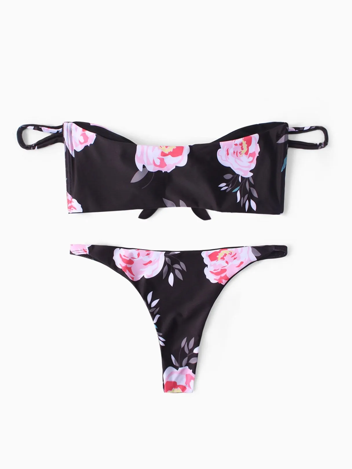 Wholesale Black Off The Shoulder Sleeveless Floral Print Tie-Up Bikinis