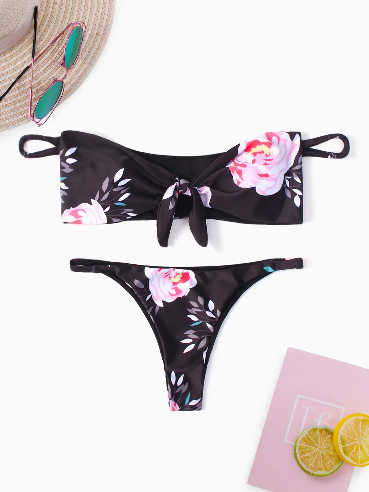 Wholesale Black Off The Shoulder Sleeveless Floral Print Tie-Up Bikinis