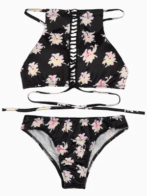 Wholesale Black Sleeveless Floral Print Two Piece Bikinis