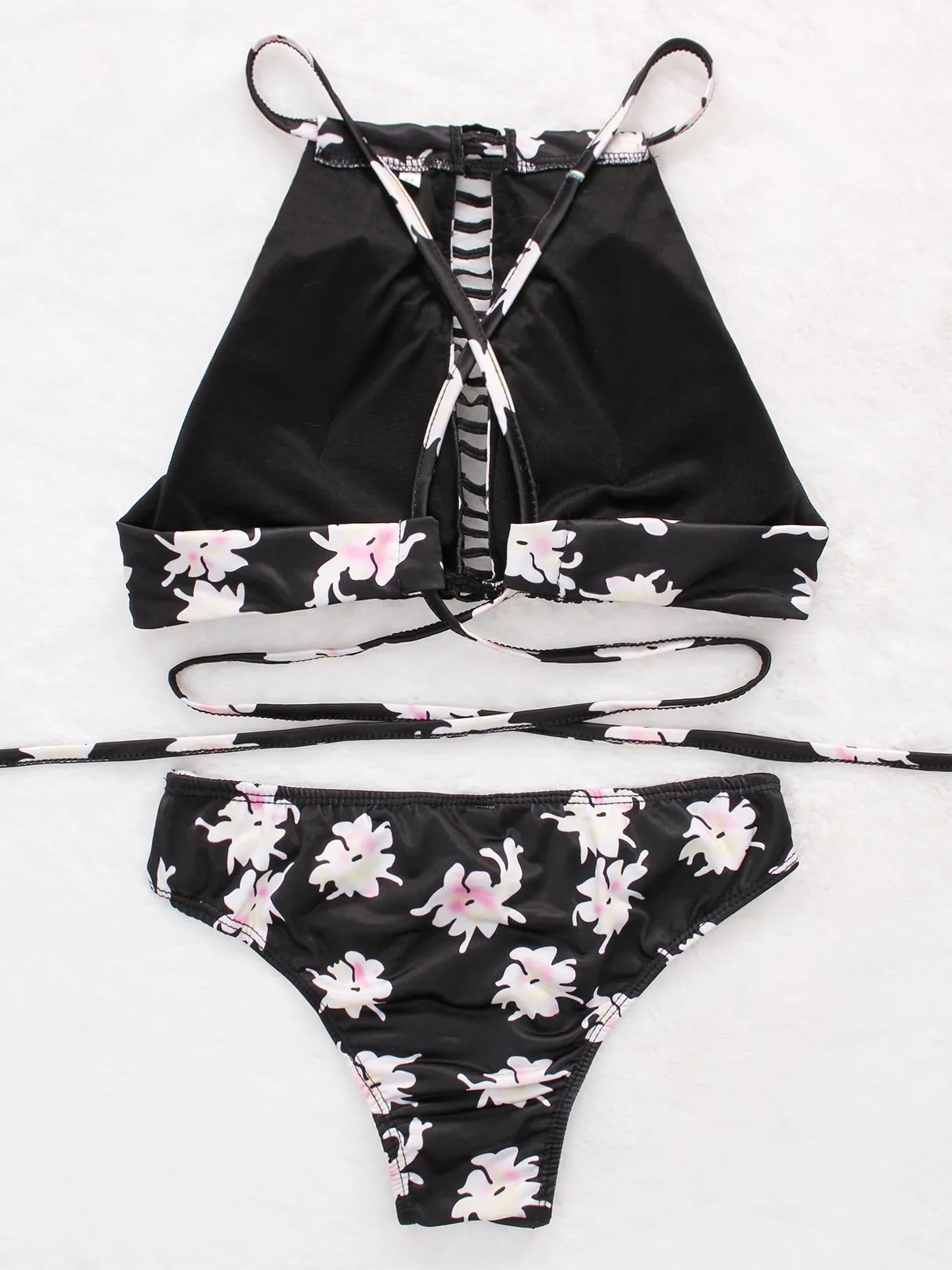 Wholesale Black Sleeveless Floral Print Two Piece Bikinis