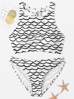 Wholesale Black Sleeveless Printed Cut Out Wireless Two Piece Bikinis