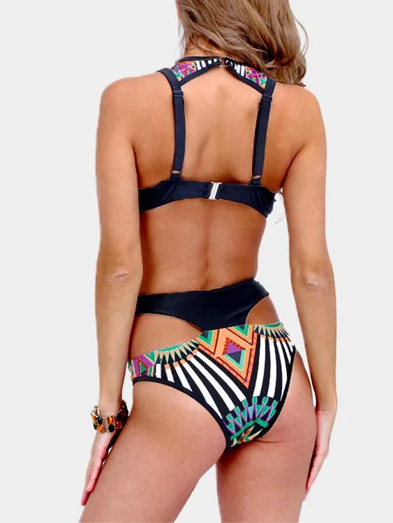 Wholesale Black Sleeveless Stripe Tribal Print Cut Out Bikinis