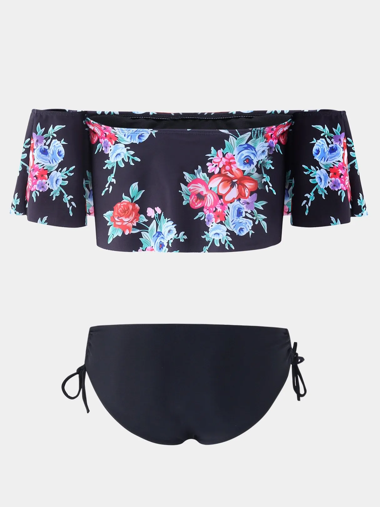 Wholesale Black Strapless Off The Shoulder Sleeveless Floral Print Backless Lace-Up Bikinis
