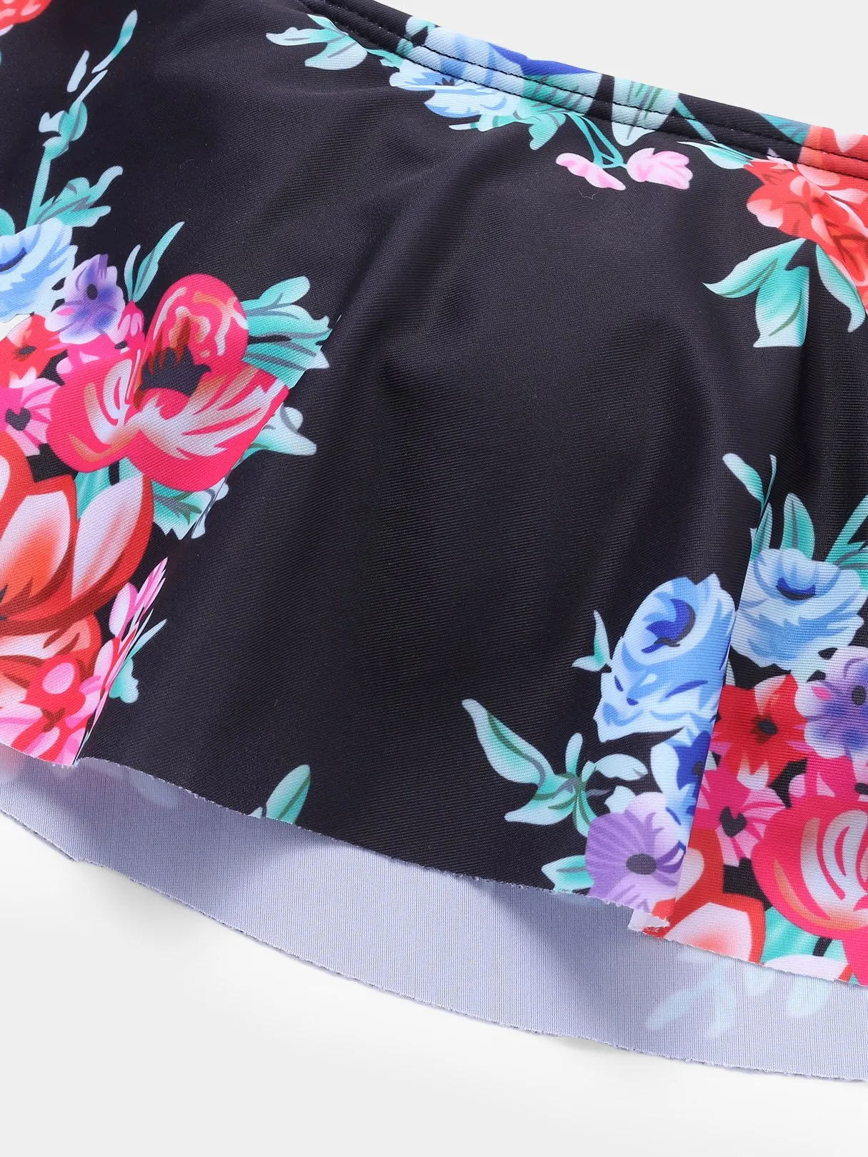Wholesale Black Strapless Off The Shoulder Sleeveless Floral Print Backless Lace-Up Bikinis