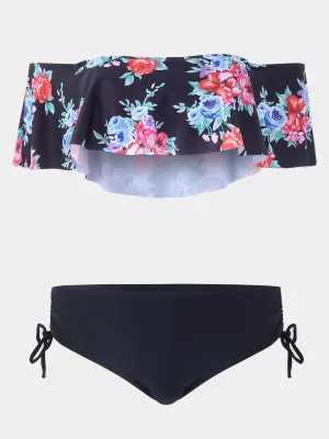Wholesale Black Strapless Off The Shoulder Sleeveless Floral Print Backless Lace-Up Bikinis