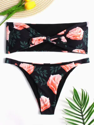 Wholesale Black Strapless Sleeveless Floral Print Bowknot 2 Piece Bikinis