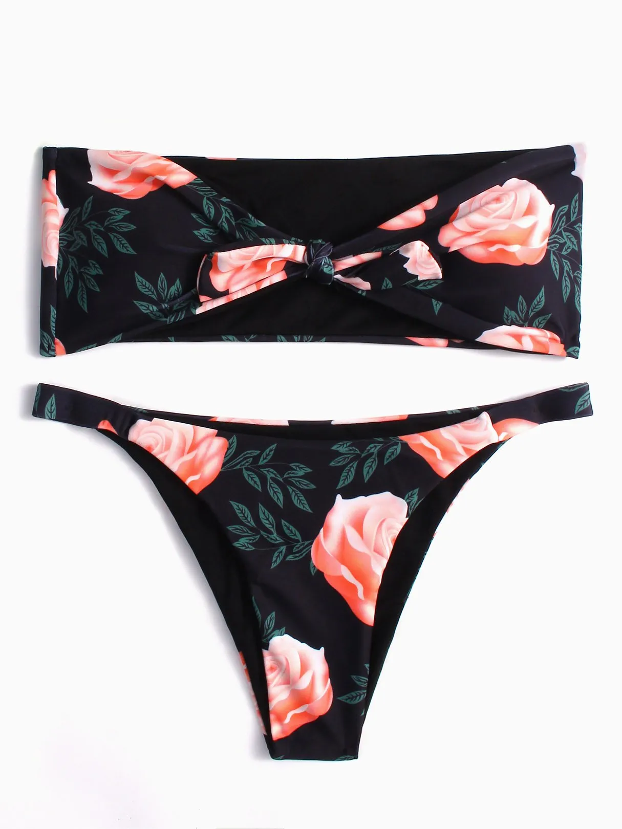 Wholesale Black Strapless Sleeveless Floral Print Bowknot 2 Piece Bikinis