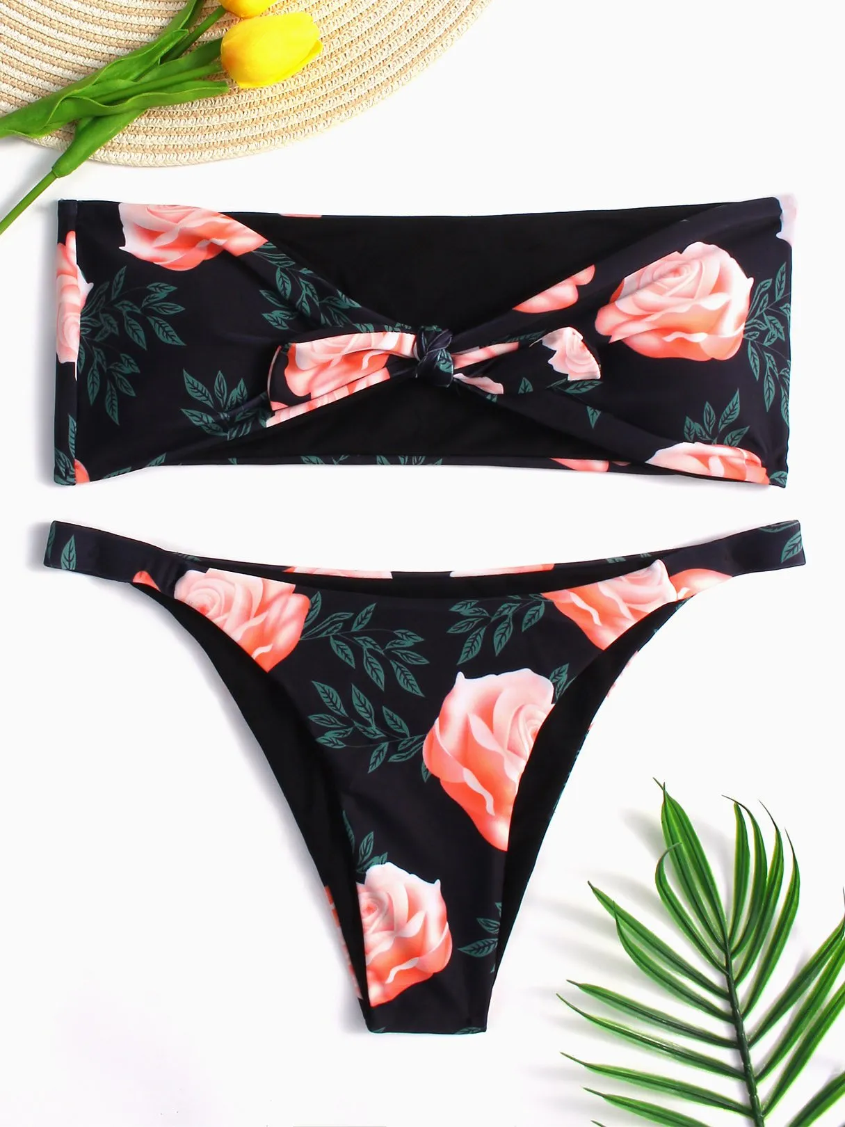 Wholesale Black Strapless Sleeveless Floral Print Bowknot 2 Piece Bikinis