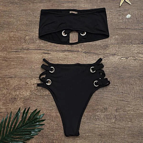 Wholesale Black Strapless Sleeveless Hollow Lace-Up Two Piece Bikinis