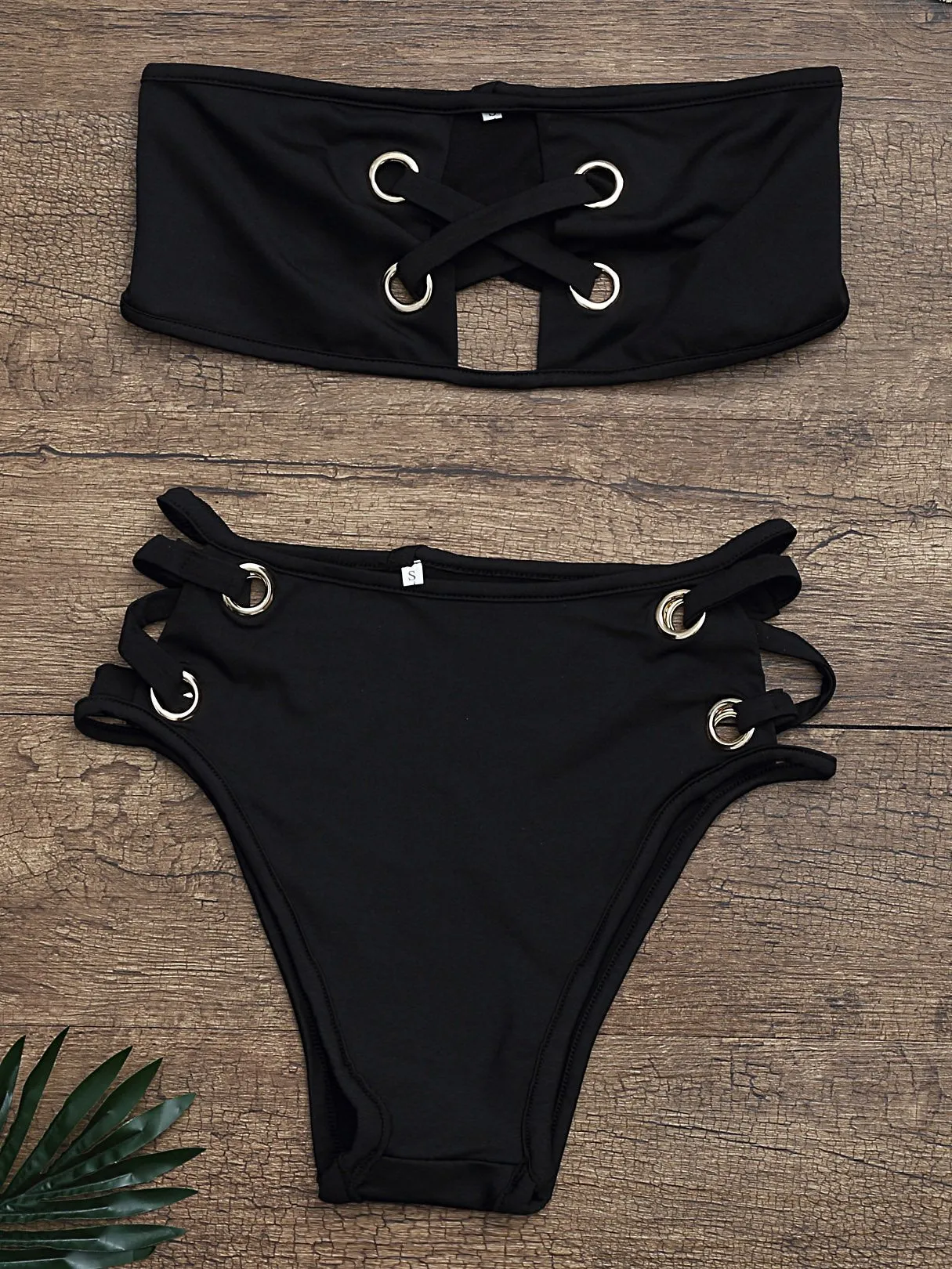 Wholesale Black Strapless Sleeveless Hollow Lace-Up Two Piece Bikinis