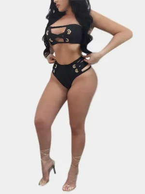 Wholesale Black Strapless Sleeveless Hollow Lace-Up Two Piece Bikinis