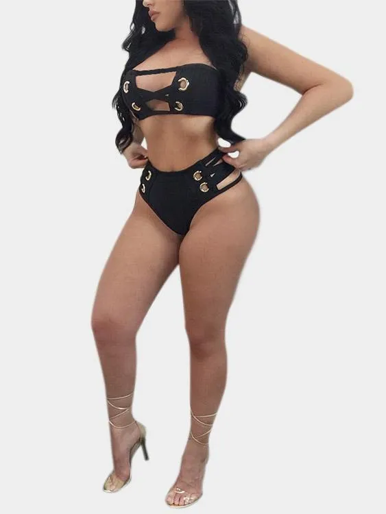 Wholesale Black Strapless Sleeveless Hollow Lace-Up Two Piece Bikinis