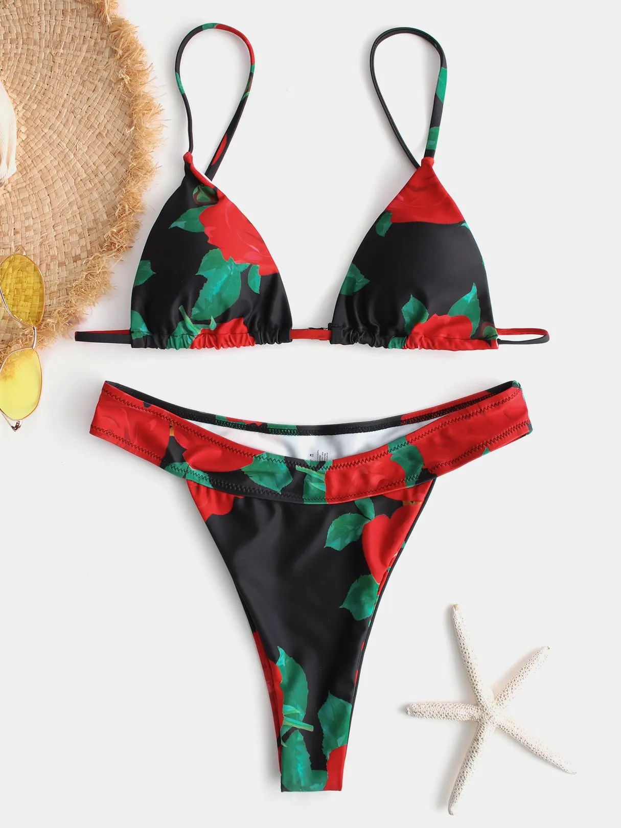 Wholesale Black V-Neck Floral Print Backless High-Waisted Bikinis