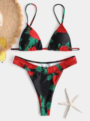 Wholesale Black V-Neck Floral Print Backless High-Waisted Bikinis