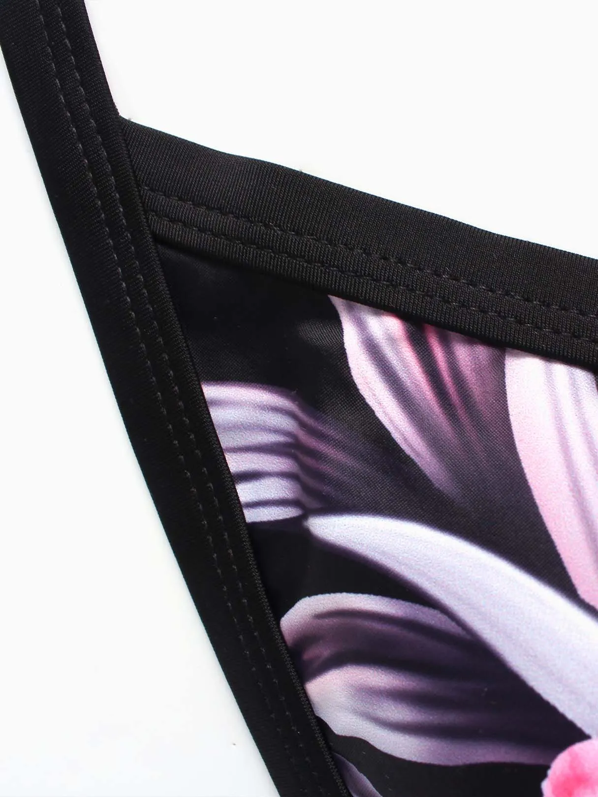 Wholesale Black V-Neck Sleeveless Floral Print Lace-Up High-Waisted Bikinis