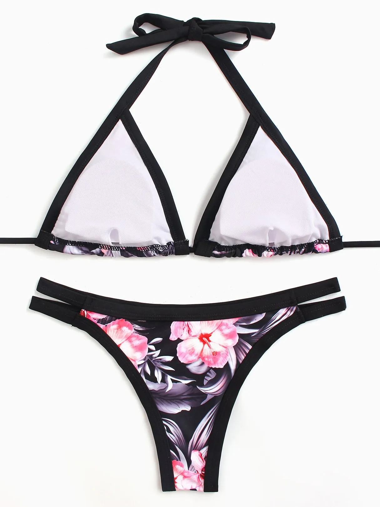Wholesale Black V-Neck Sleeveless Floral Print Lace-Up High-Waisted Bikinis