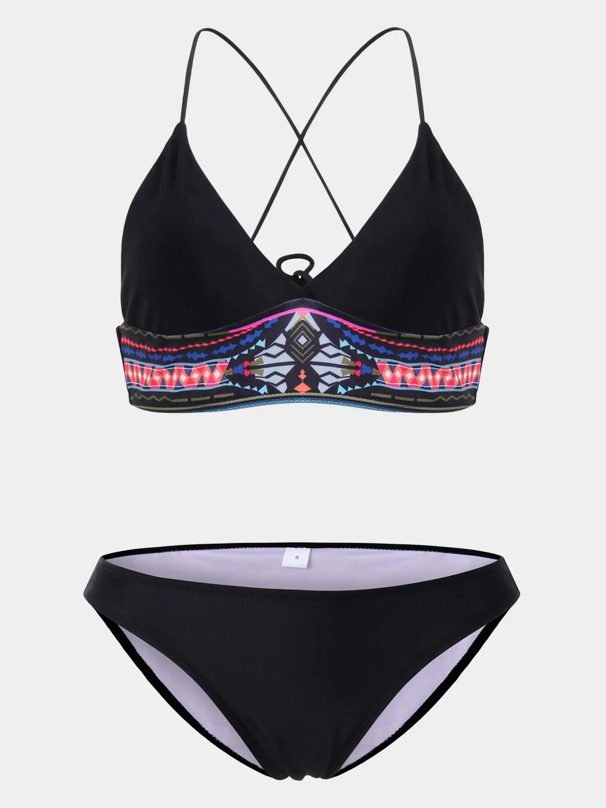 Wholesale Black V-Neck Sleeveless Geometrical Lace-Up Wireless Bikini Set