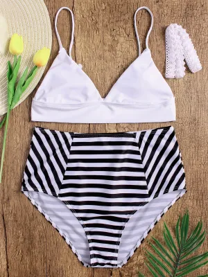 Wholesale Black V-Neck Sleeveless Stripe Plain Lace-Up High-Waisted Bikinis