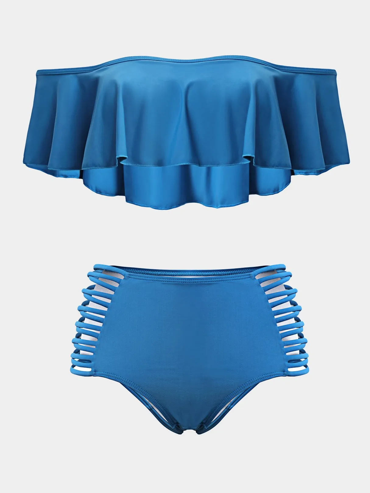 Wholesale Blue Bateau Off The Shoulder Sleeveless 2 Piece Bikinis