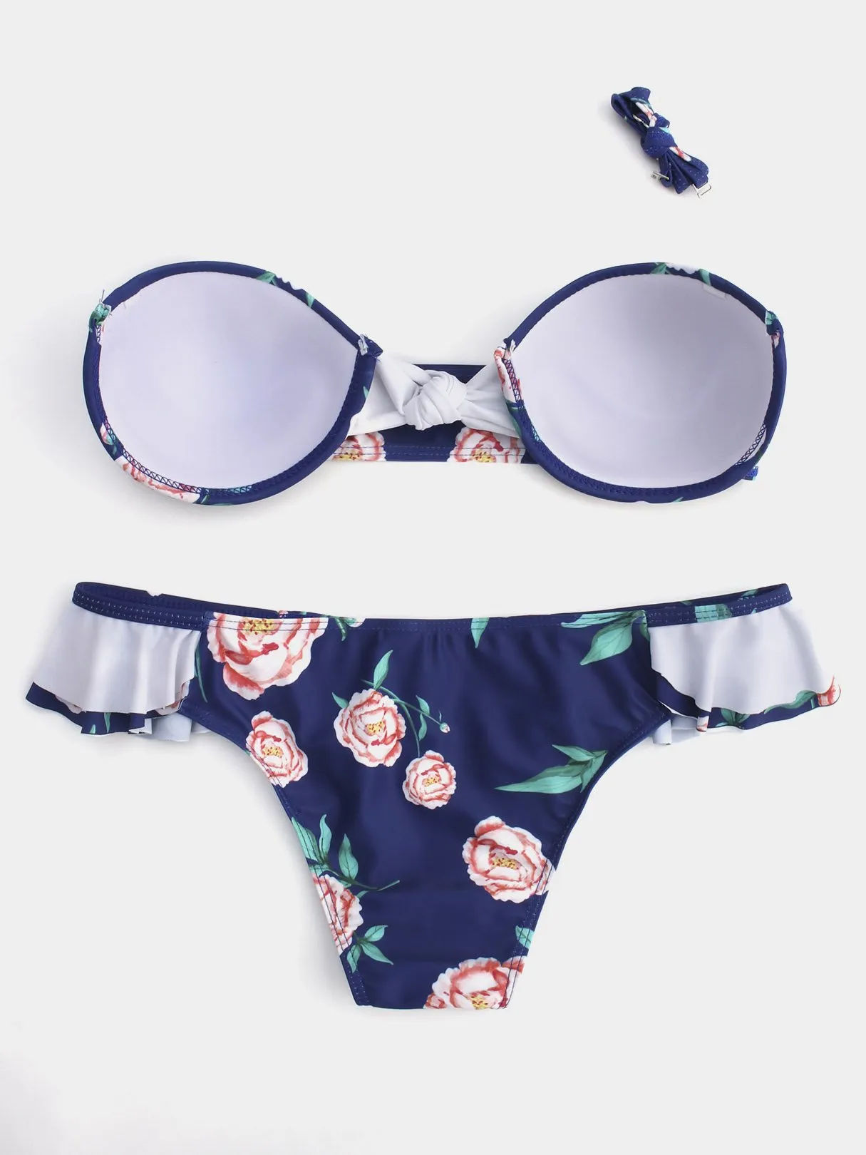 Wholesale Blue Floral Print Self-Tie Ruffle Trim Two Piece Bikinis