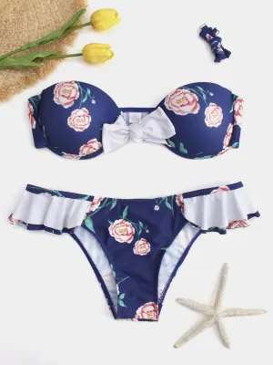 Wholesale Blue Floral Print Self-Tie Ruffle Trim Two Piece Bikinis