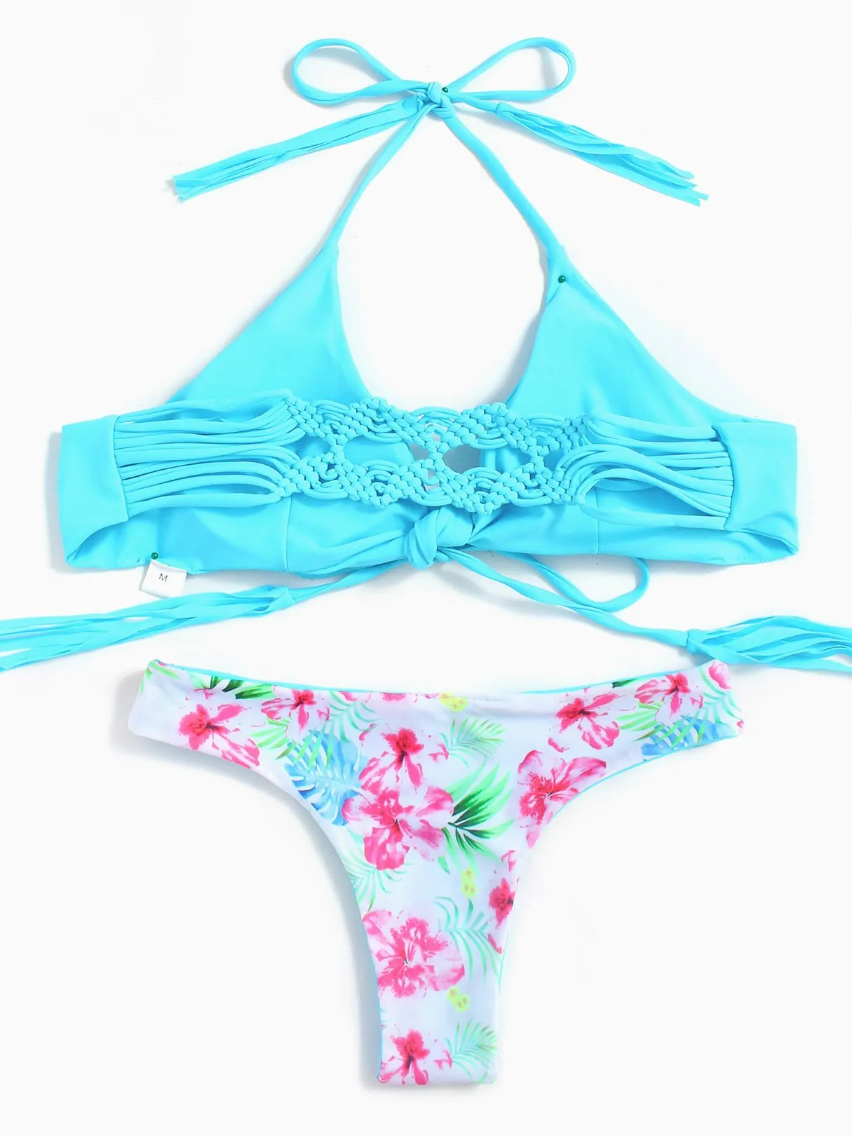 Wholesale Blue Halter Plain Tassel Lace-Up Bikinis