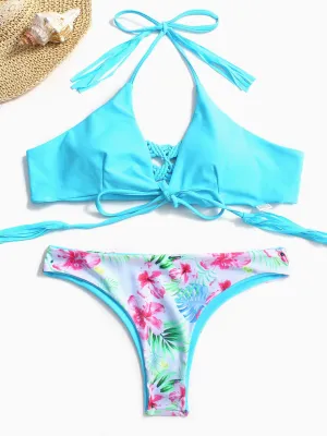 Wholesale Blue Halter Plain Tassel Lace-Up Bikinis