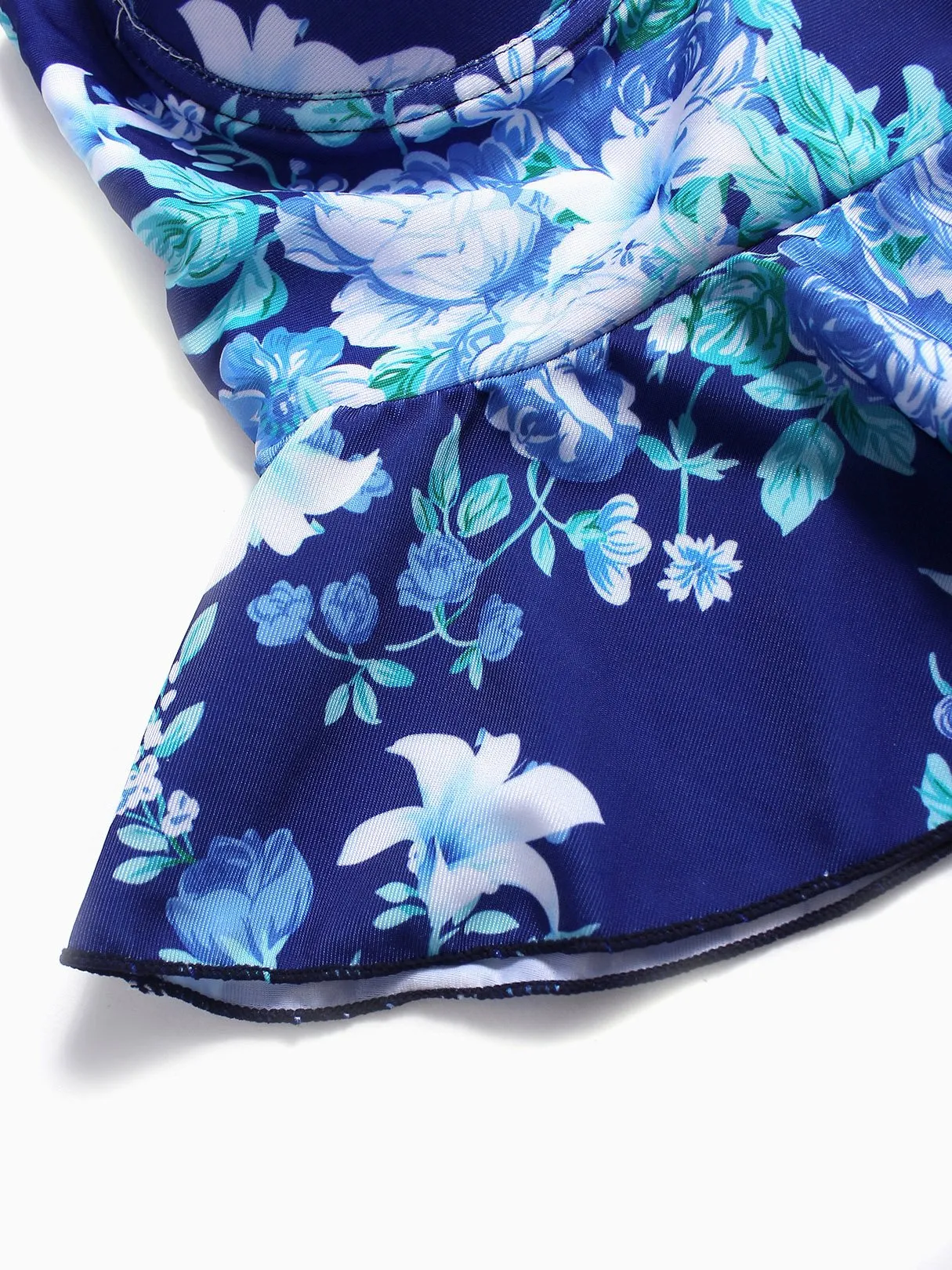 Wholesale Blue Halter Sleeveless Floral Print Backless Flounced Hem Two Piece Bikinis