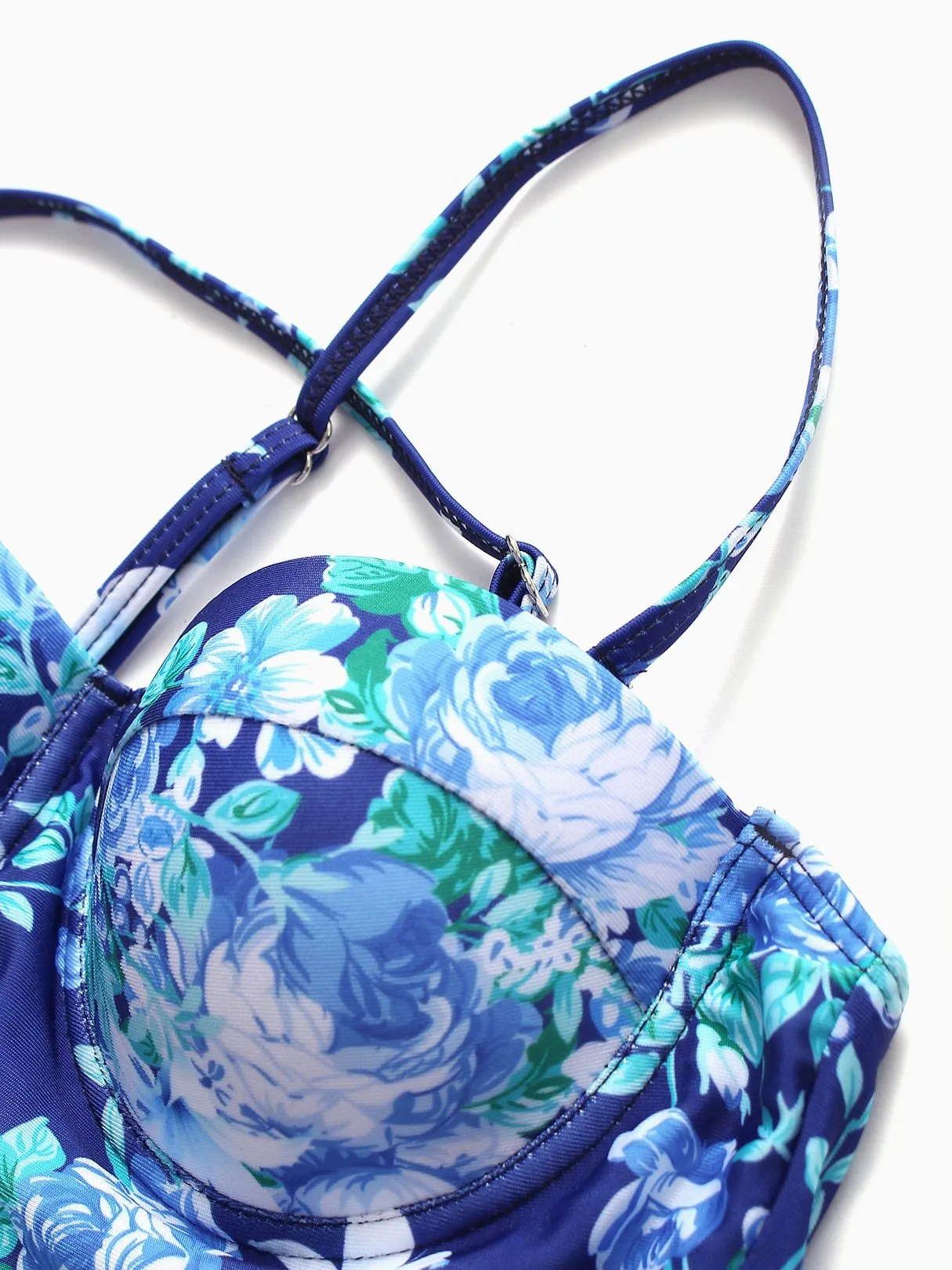 Wholesale Blue Halter Sleeveless Floral Print Backless Flounced Hem Two Piece Bikinis