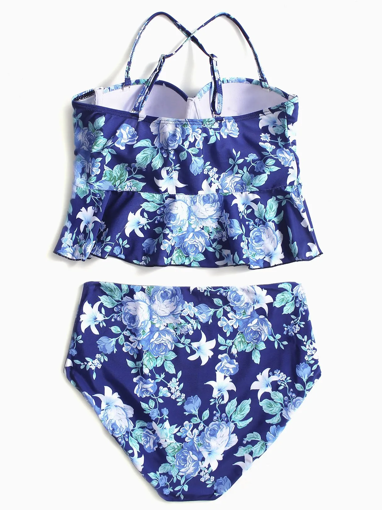 Wholesale Blue Halter Sleeveless Floral Print Backless Flounced Hem Two Piece Bikinis