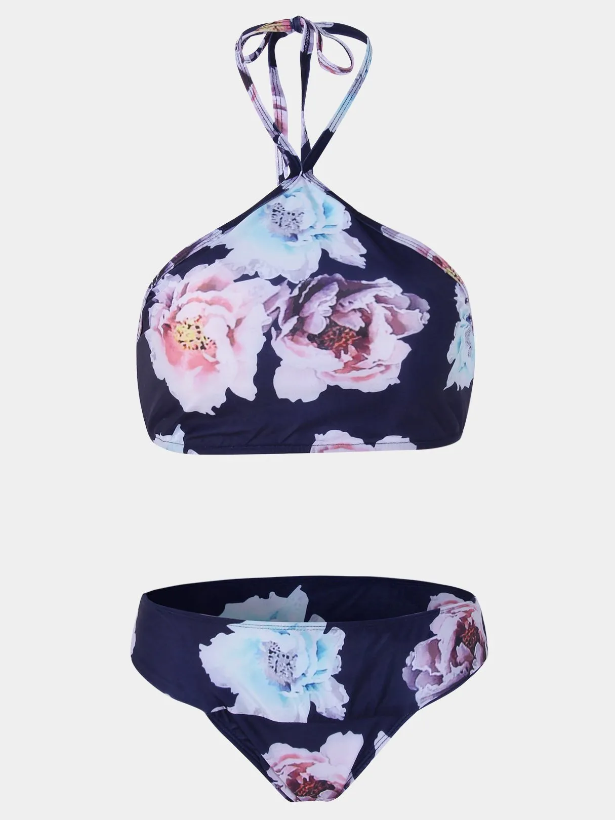 Wholesale Blue Halter Sleeveless Floral Print Lace-Up Bikinis