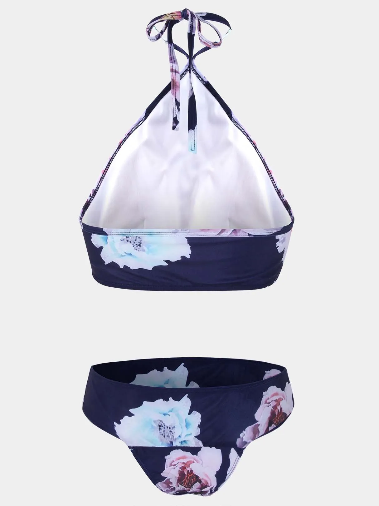 Wholesale Blue Halter Sleeveless Floral Print Lace-Up Bikinis