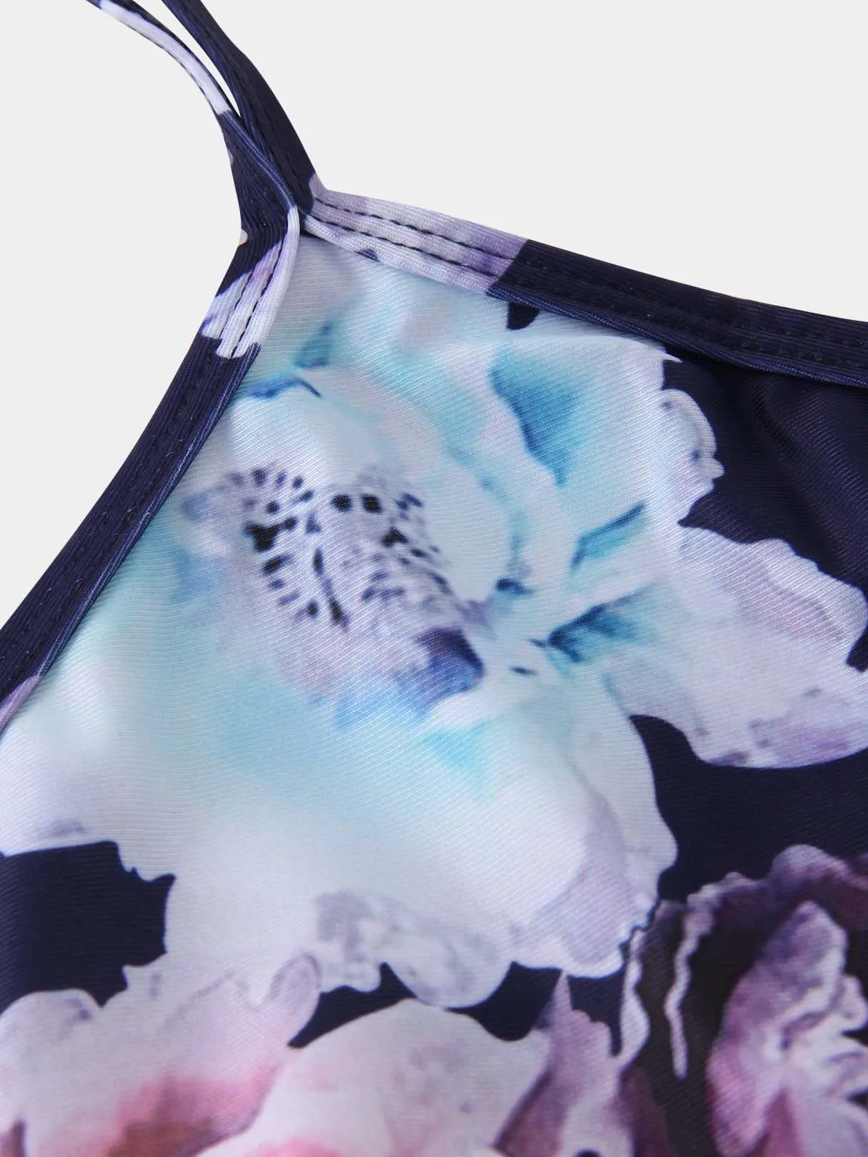 Wholesale Blue Halter Sleeveless Floral Print Lace-Up Bikinis