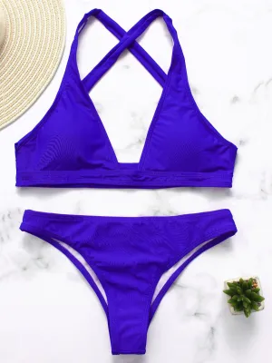 Wholesale Blue Halter Sleeveless Plain Bodycon Two Piece Bikinis