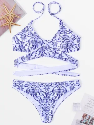 Wholesale Blue Halter Sleeveless Tie-Up Bikinis