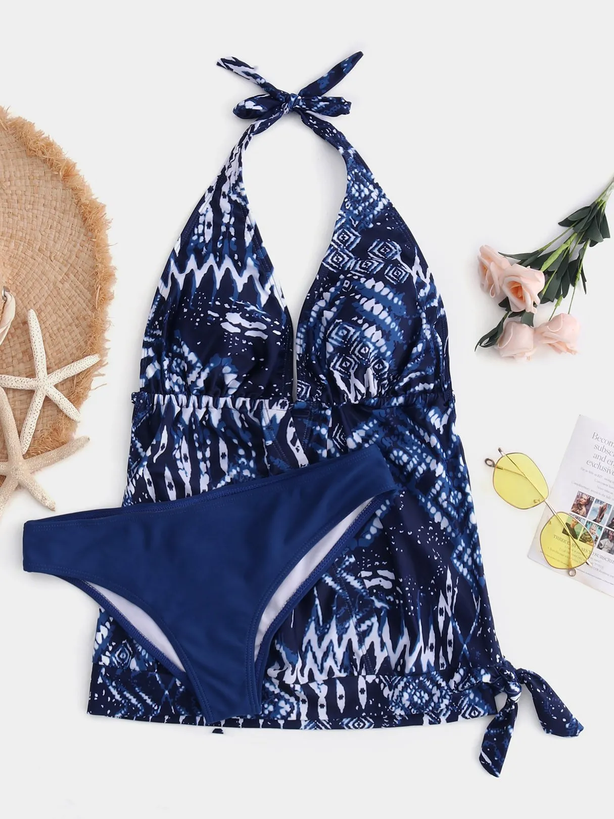 Wholesale Blue Halter Tribal Print Backless Lace-Up Bikinis