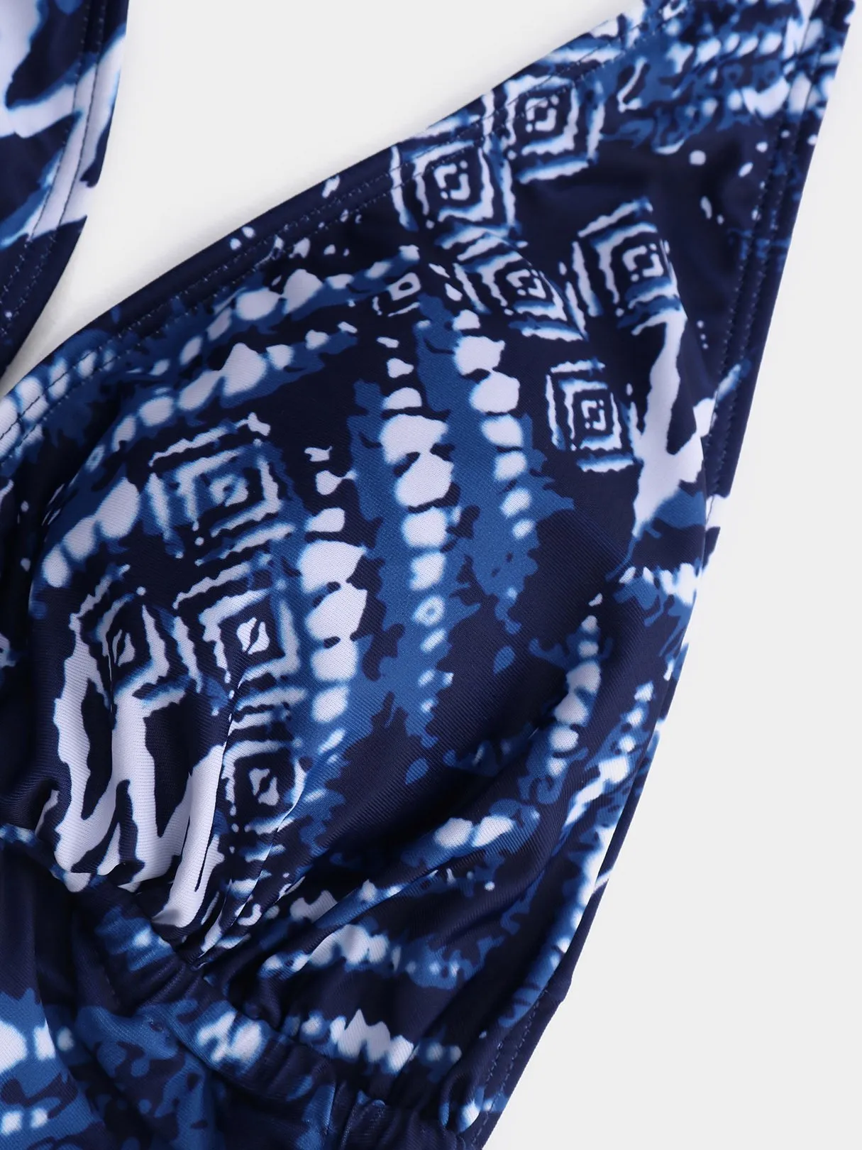 Wholesale Blue Halter Tribal Print Backless Lace-Up Bikinis