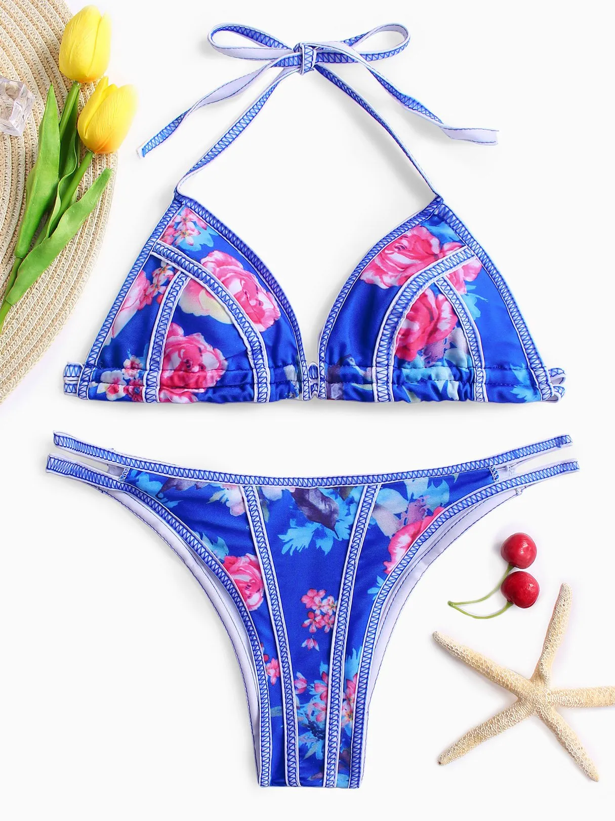 Wholesale Blue Halter V-Neck Sleeveless Floral Print Cut Out Self-Tie Bikinis