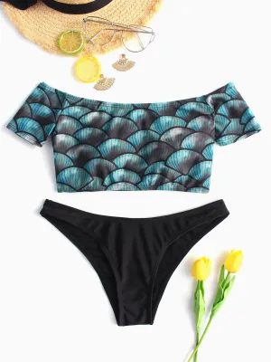 Wholesale Blue Off The Shoulder Short Sleeve Printed Two Piece Bikinis