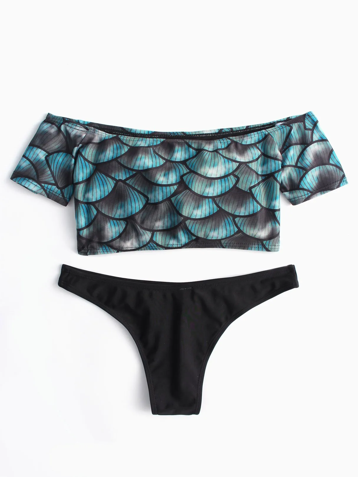Wholesale Blue Off The Shoulder Short Sleeve Printed Two Piece Bikinis