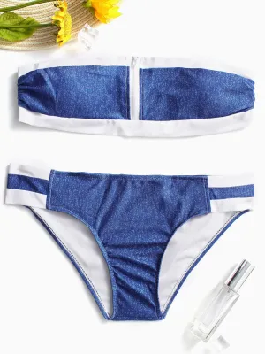 Wholesale Blue Strapless Sleeveless Stripe Zip Back Bikinis Set