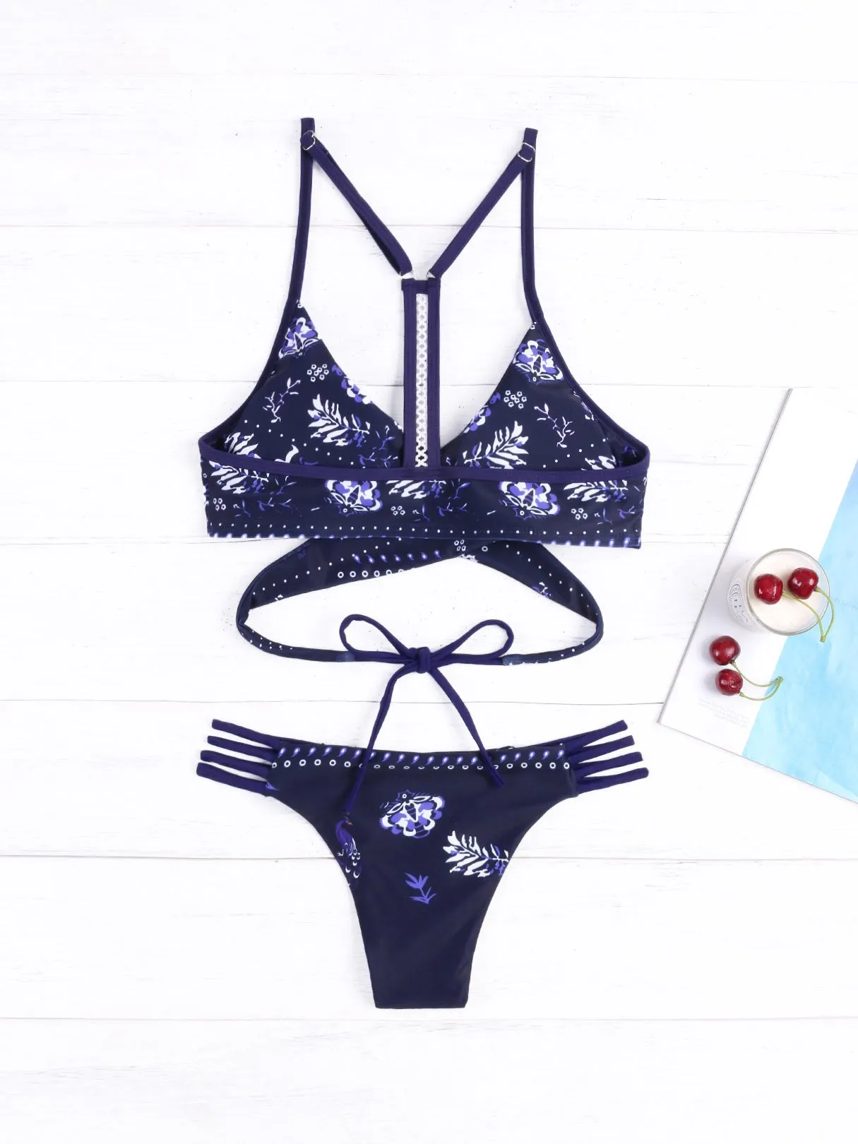 Wholesale Blue V-Neck Sleeveless Crossed Front Lace-Up Wireless Bikinis