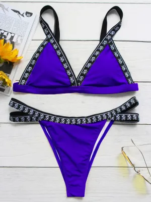 Wholesale Blue V-Neck Sleeveless Plain Cut Out Two Piece Bikini