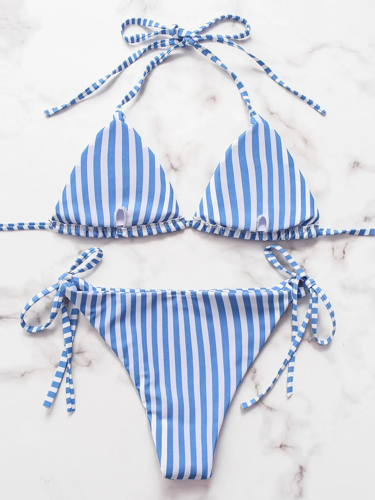 Wholesale Blue V-Neck Sleeveless Stripe Backless Tie-Up Bikinis