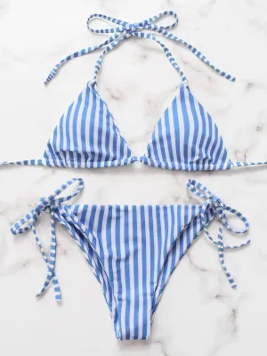 Wholesale Blue V-Neck Sleeveless Stripe Backless Tie-Up Bikinis